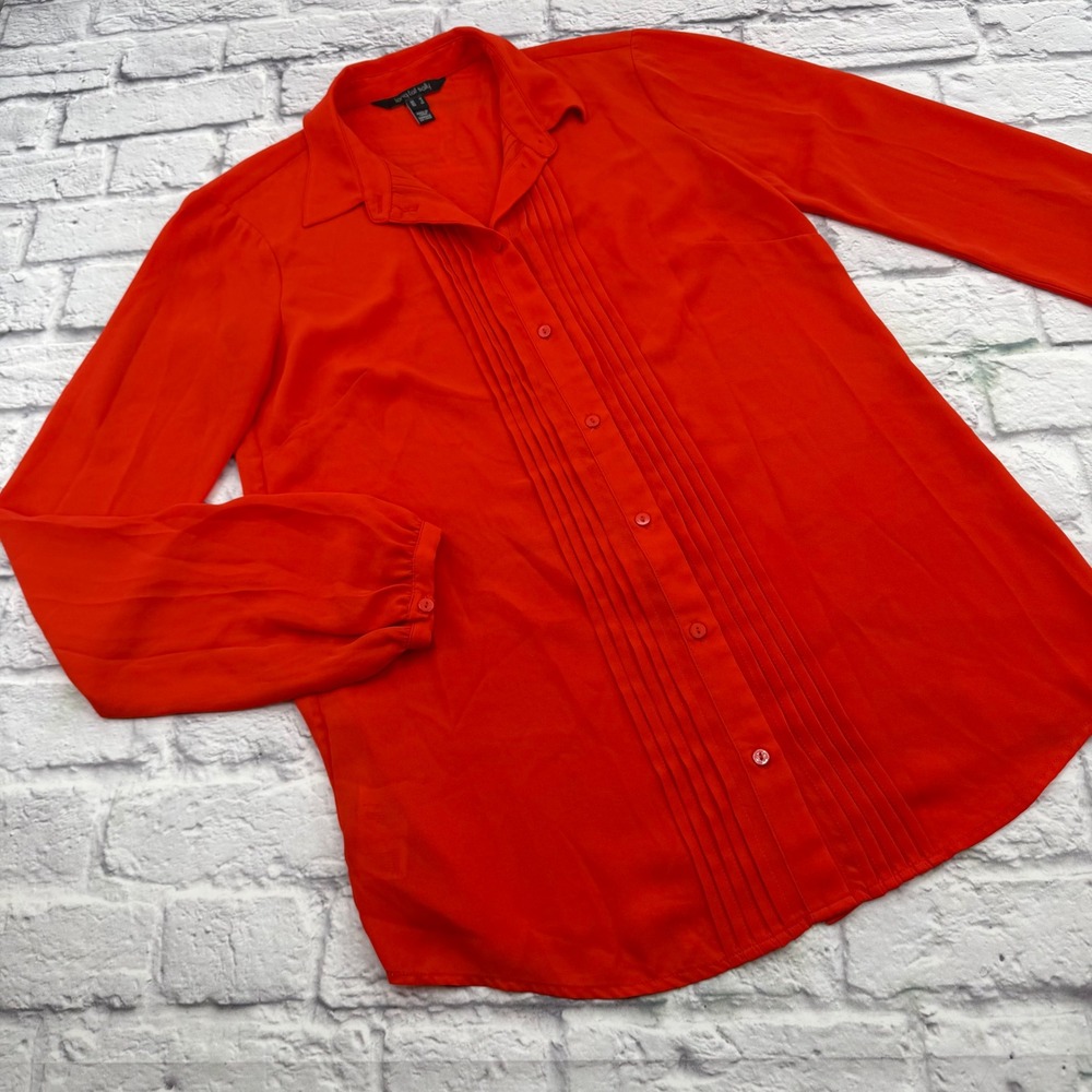 Long Tall Sally Red Orange Pintuck Pleat Long Sleeve Button Down Blouse Size 6